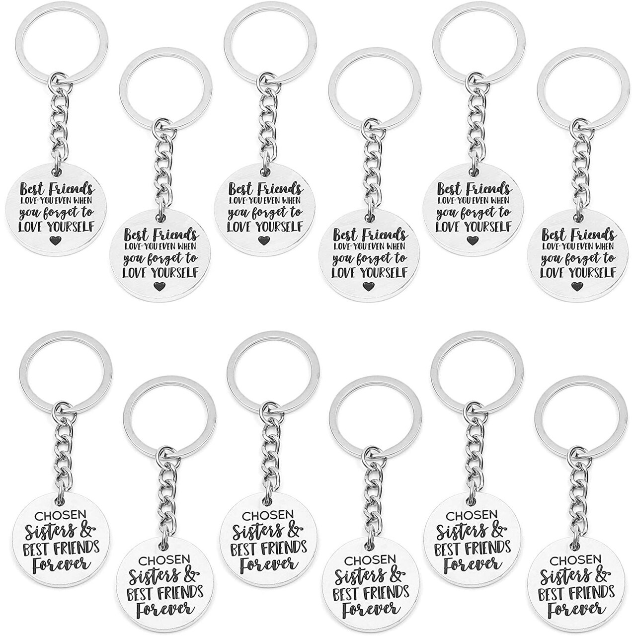 Best Friend Keychains for Girls, Teens, Women (1.2 x 3.3 In, Silver, 12 Pack)